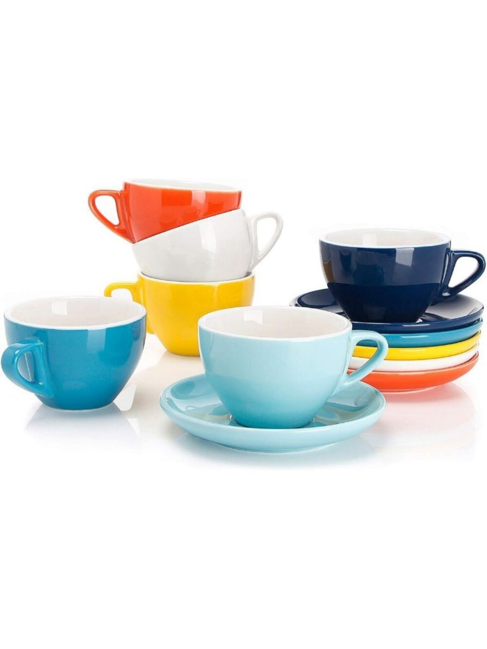 Set of 6 Porcelain Cappuccino Cups with Saucers - Double Espresso Mugs in